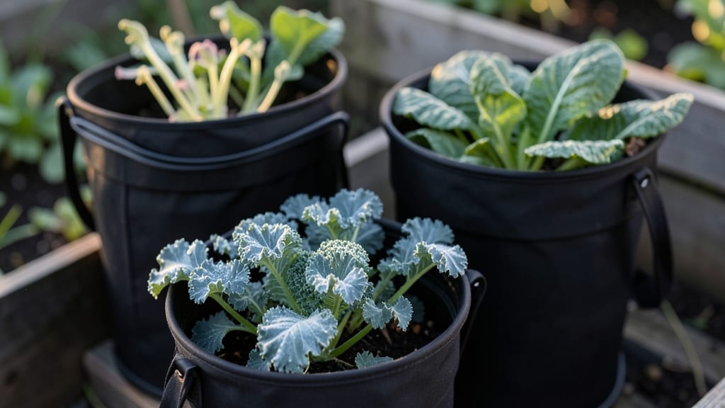 Leafy Kale Growing In Stackable Containers