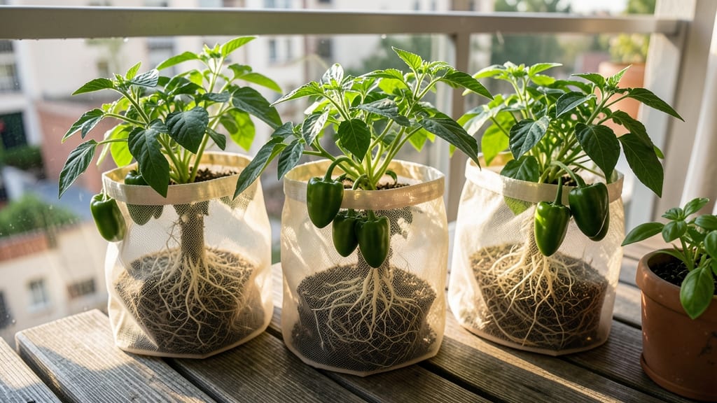Peppers In Fabric Grow Bags