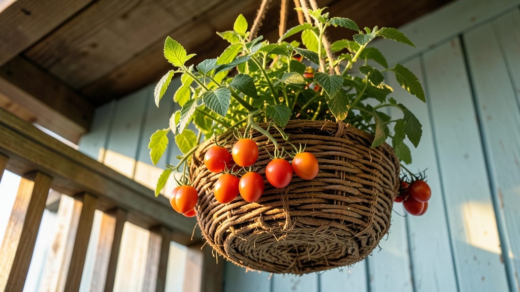 Cherry Tomatoes Growing In Hanging Baskets